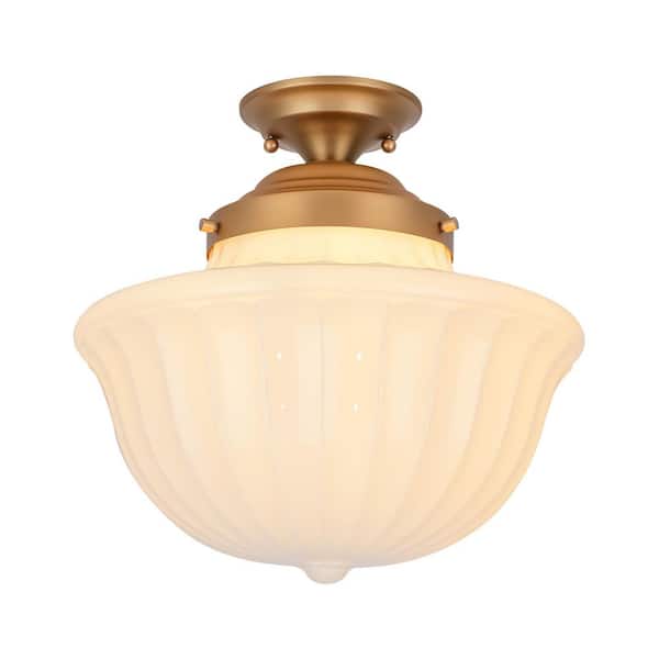 RRTYO Stollings 1-Light 14.9 in. Gold Mid-Century Modern Geometric Milky White Textured Glass Semi-Flush Mount Light