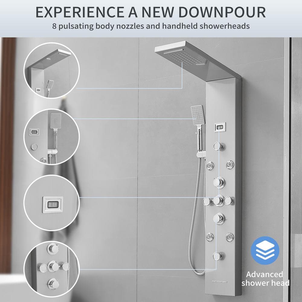Nickel Chrome 8-Jet Rainfall Shower Panel System with Handheld Wand