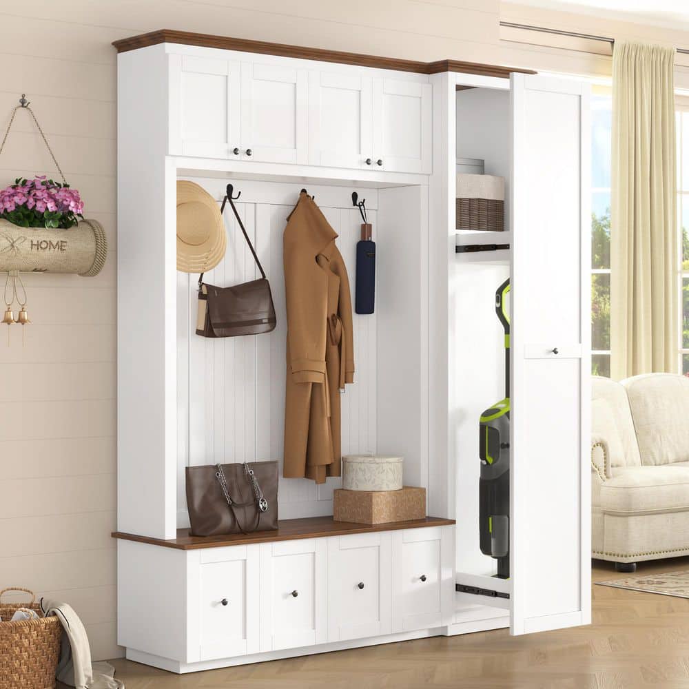 Northgrove Farmhouse White MDF Wood Entryway Hall Tree with Storage Shoe Bench, Cabinets, Drawers and Hooks