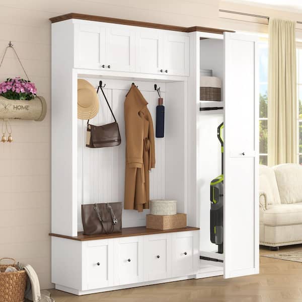 Northgrove Farmhouse White MDF Wood Entryway Hall Tree with Storage Shoe Bench, Cabinets, Drawers and Hooks