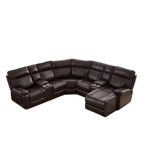 89.3 in. W 5-Piece Leather Sectional Sofa in Brown