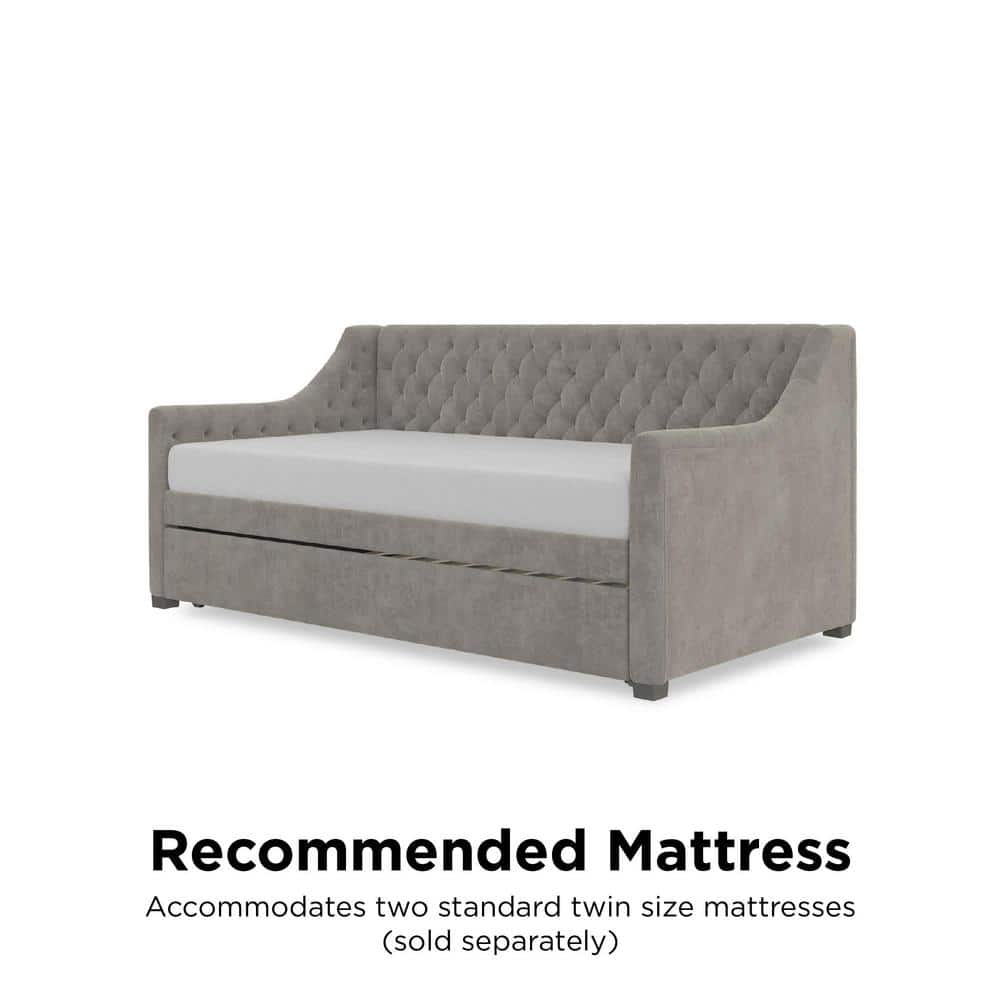 Light Gray Velvet Twin Daybed with Trundle and Tufted Upholstery
