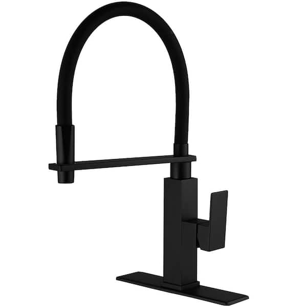 BWE Single-Handle Pull-Down Sprayer 1 Spray High Arc Kitchen Faucet With Deck Plate in Matte Black