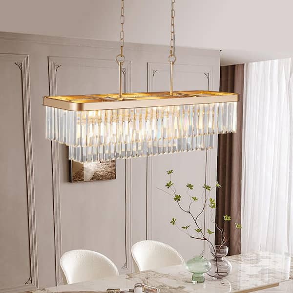 33.5 in. W 11 Lights Rectangular Crystal Chandelier Luxurious Pendant for Kitchen Island, E12, No Bulbs Included, Gold
