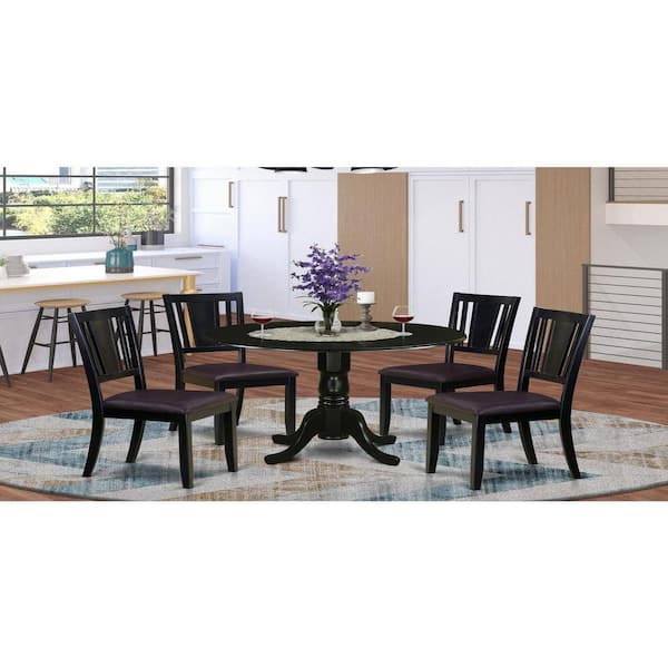 East West Furniture 5-Piece Round Black Finish Solid Wood Top Dining table with 4 Chairs with Lattice Back