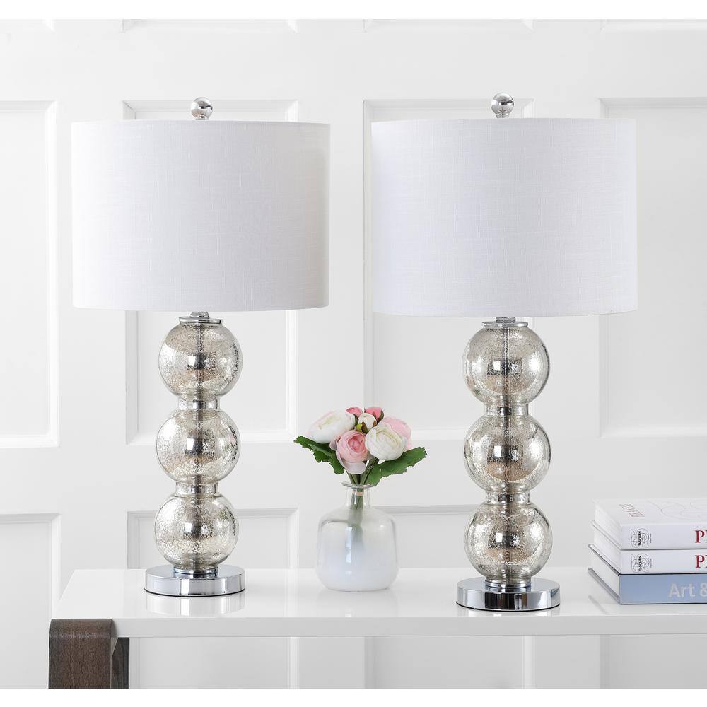 Mercury Silver Glass Triple-Sphere Table Lamp Set with Linen Shade