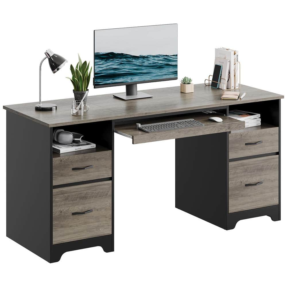 Gray Particle Board Executive Desk with Drawers and Keyboard Tray