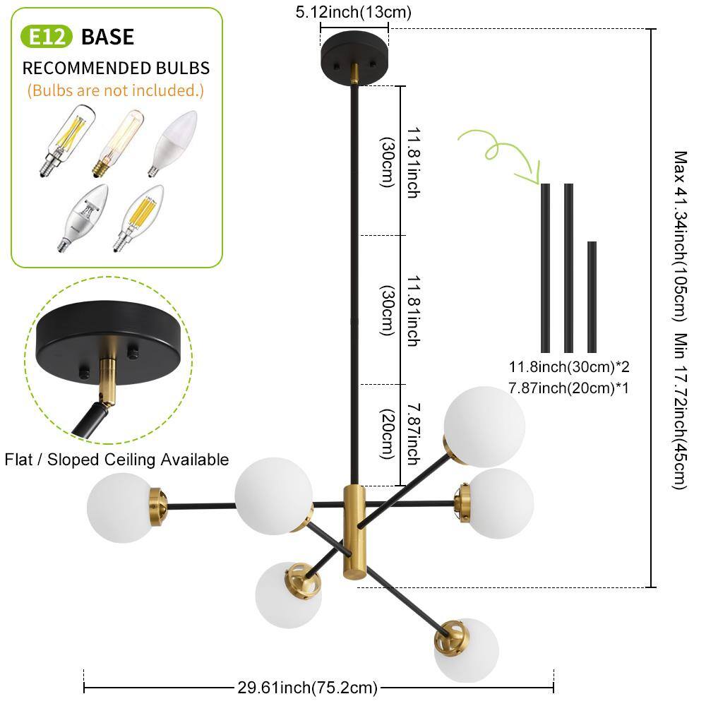 Black and Gold 6-Light Sputnik Chandelier with Glass Shades