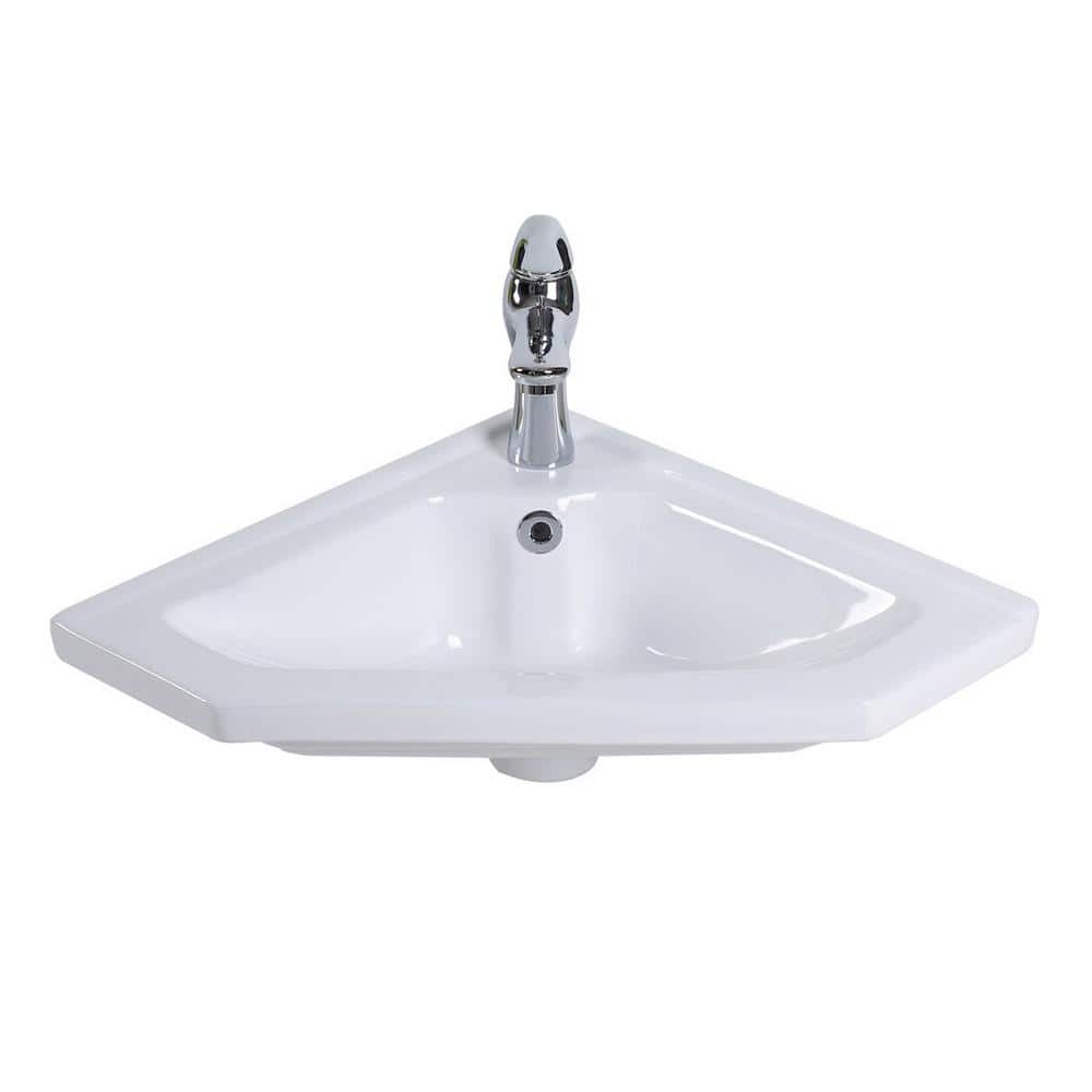 Alexander II White Ceramic Corner Wall-Mount Bathroom Sink with Overflow