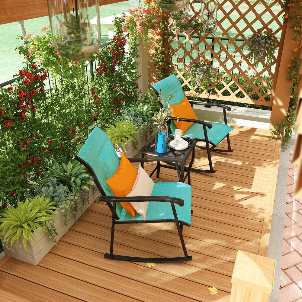 Blue 3-Piece Metal Frame Textilene Patio Conversation Set with Glass Table, For Outdoor, Pool, Garden price history on PriceWatchPro