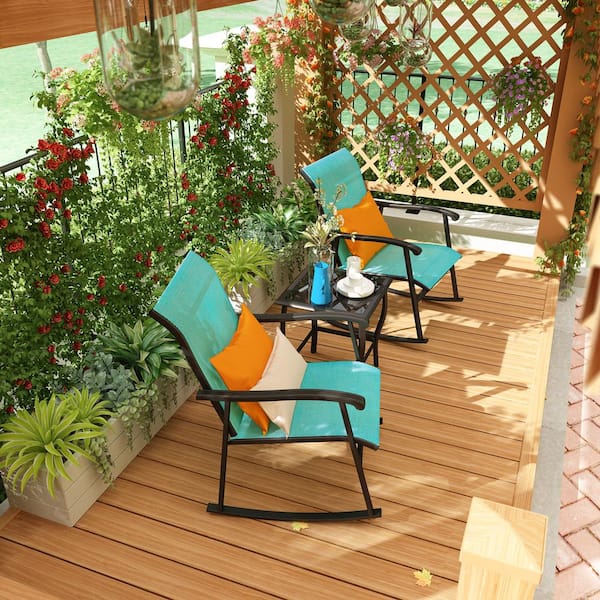 WIAWG Blue 3-Piece Metal Frame Textilene Patio Conversation Set with Glass Table, For Outdoor, Pool, Garden