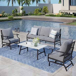 5 Seat 4-Piece Metal Steel Outdoor Patio Conversation Set with Rocking Chairs, Gray Cushions and Marble Pattern Table