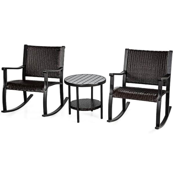 HONEY JOY 3-Piece Wicker Rocking Bistro Set Patio Conversation Set with Coffee Table