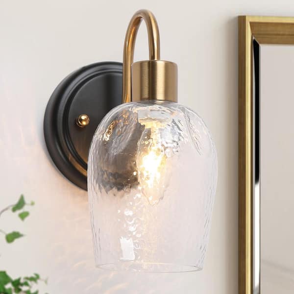 Modern 4.7 in. 1-Light Brass Gold Bathroom Vanity Lighting, Black Wall Sconce, Indoor Wall Light with Bell Hammer Glass