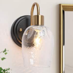 Hammer Glass Black Indoor Wall Sconce, 4.7 in. 1-Light Brass Gold Bathroom Vanity Lighting, Modern Wall Light Fixture