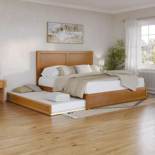 Clayton Light Toffee Natural Bronze Solid Wood Frame King Platform Bed with Panel Footboard and Twin XL Trundle