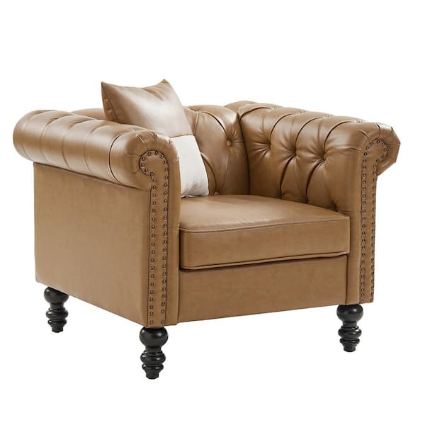 JAYDEN CREATION Felisa Camel Leather Nail Head Armchair with Solid Wood Legs