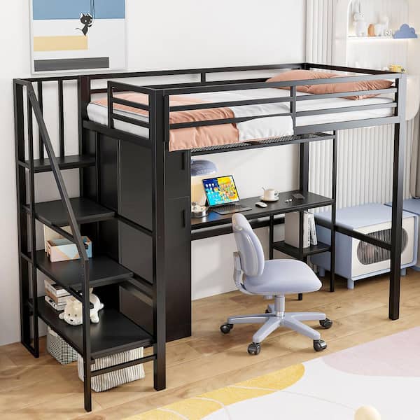 Black Twin Size Metal Loft Bed with Desk, Shelf, Wardrobe and Storage Staircase