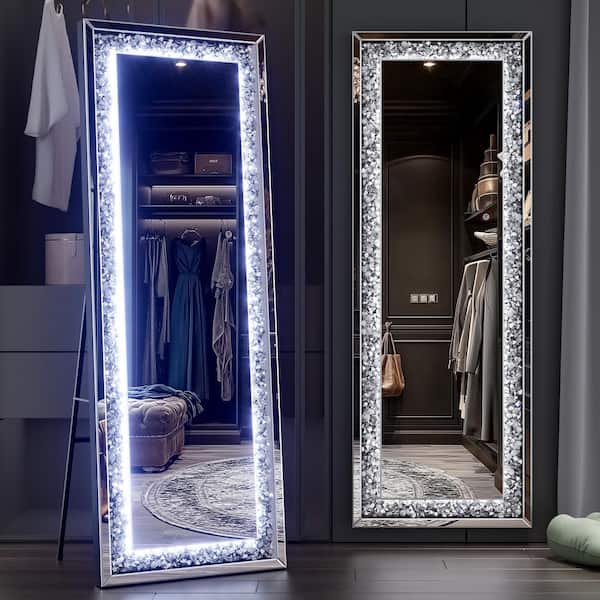 Black 22 in. W x 61 in. H Rectangular LED Full Length Mirror with Crystal Crush Diamond Wall Mirror Leaning for Bedroom