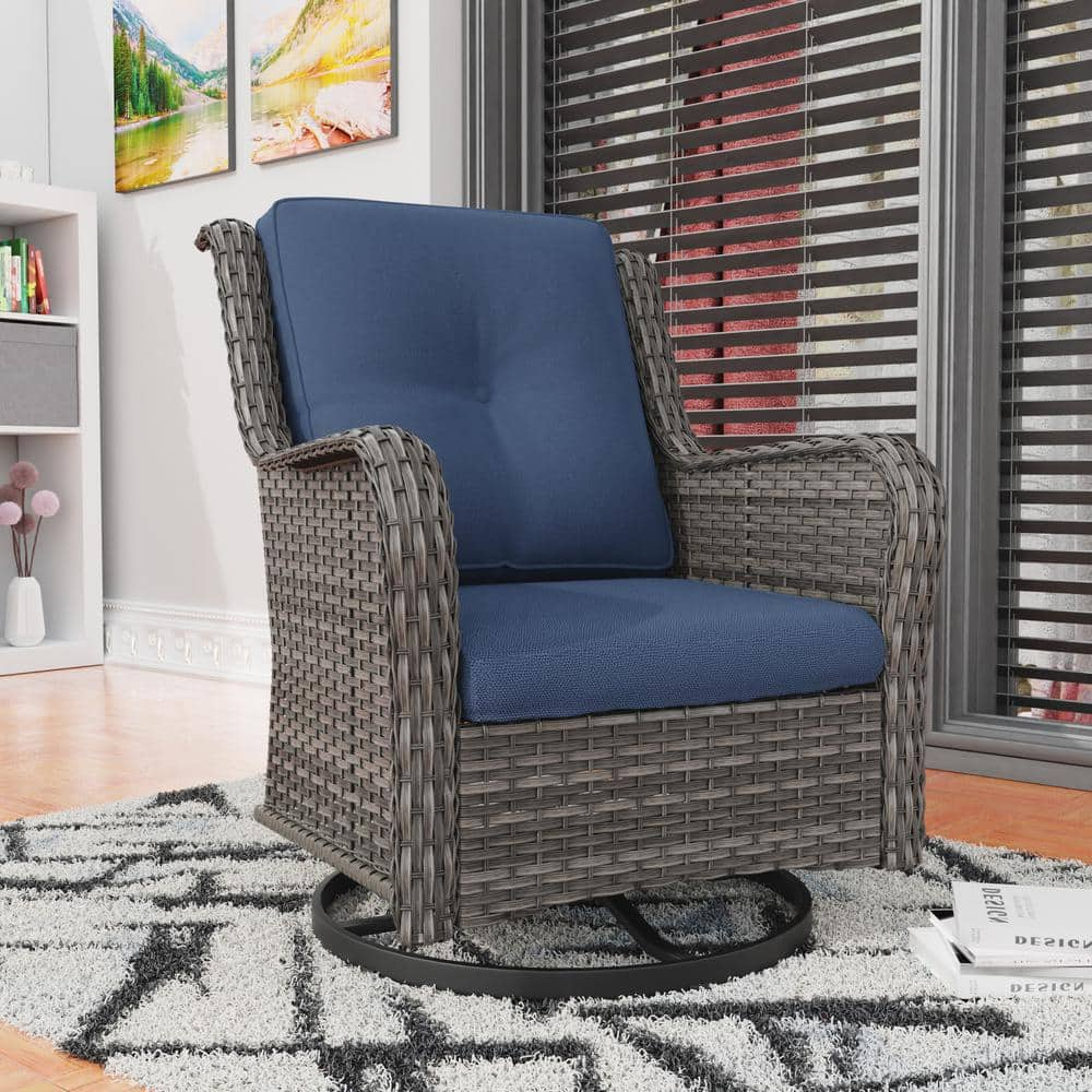 JOYSIDE Wicker Outdoor Rocking Chair Patio Swivel With Blue Cushions ...