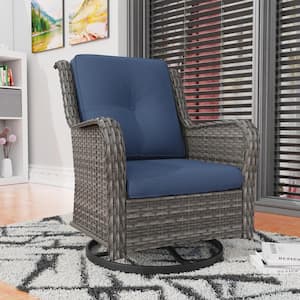 Wicker Outdoor Rocking Chair Patio Swivel with Blue Cushions