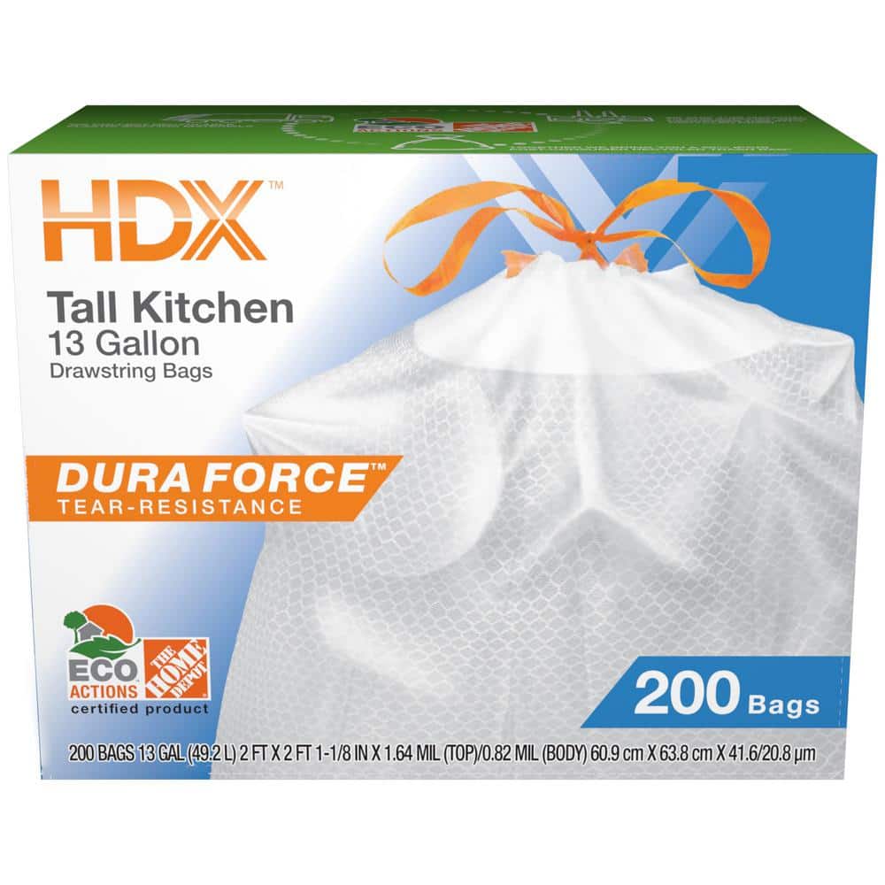 13 Gallon Reinforced Top Drawstring Unscented Kitchen Tall Trash Bags with 20% PCR (200-Count)