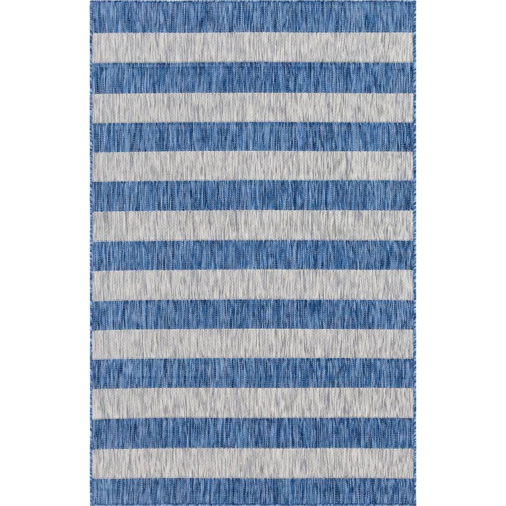 Blue and White Striped Outdoor Synthetic Rug, 9' x 12'