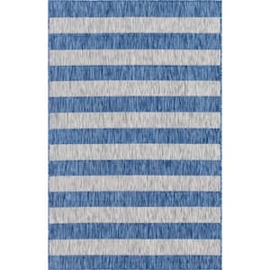 Outdoor Distressed Stripe Azure Blue 9 ft. x 12 ft. Area Rug