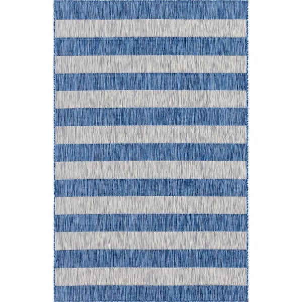 Unique Loom Outdoor Distressed Stripe Azure Blue 9 ft. x 12 ft. Area Rug