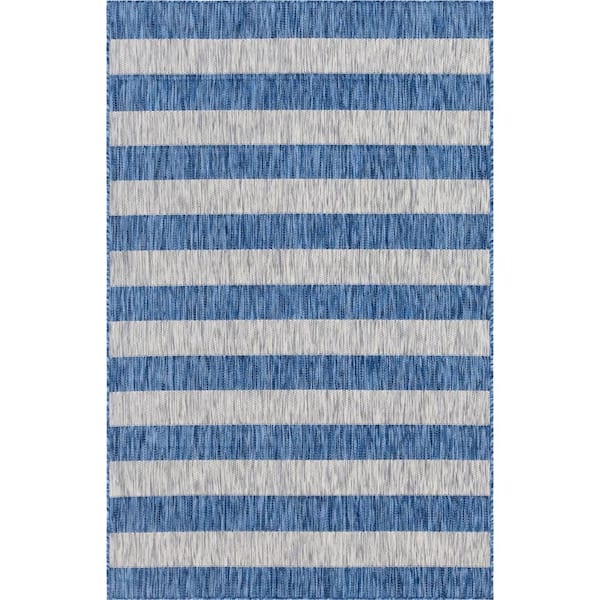 Unique Loom Outdoor Distressed Stripe Azure Blue 4 ft. x 6 ft. Area Rug