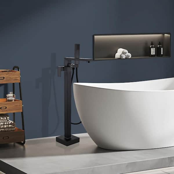 1-Handle 90 Degrees Freestanding Bathtub Faucet with Hand Shower Head in Matte Black