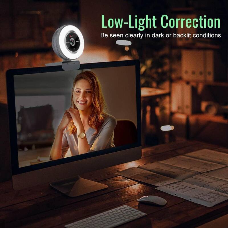 1080P 60FPS USB Webcam with Ring Light and Remote in Black (1-Pack)