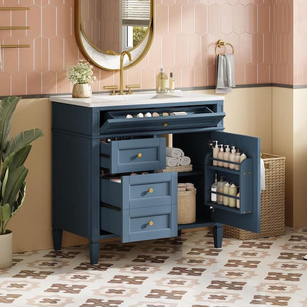 36 in. W x 18 in. D x 34 in. H Single Sink Freestanding Bath Vanity in Blue with White Ceramic Top