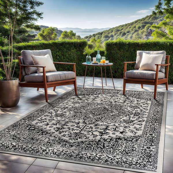Athena Black 9 ft. x 12 ft. Rubber Back Washable Oriental Border Indoor Outdoor Patio Area Rug