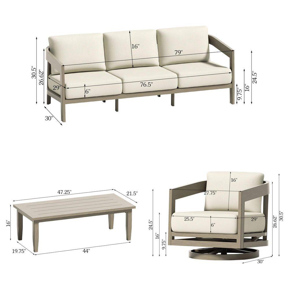 Dimension diagrams for the patio sofa, coffee table, and swivel chair.