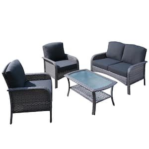 Denali Gray 4-Piece 4-Seat Wicker Modern Outdoor Patio Conversation Sofa Seating Set with Black Cushions