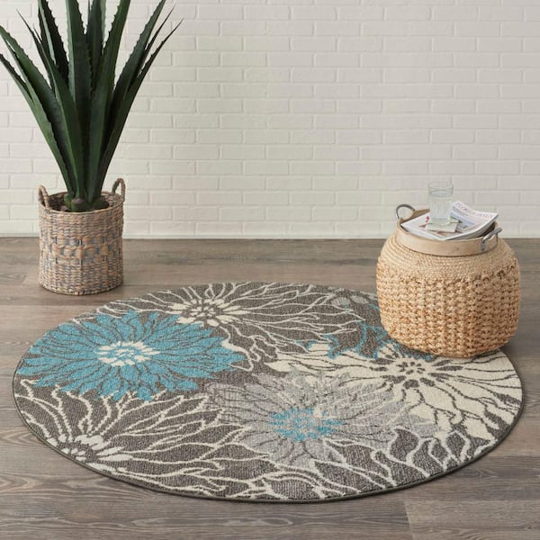 Passion Charcoal/Blue 4 ft. x 4 ft. Floral Contemporary Round Rug