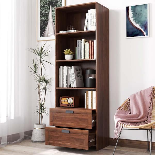 Unbranded 70.87 in. Tall Walnut Wood Modern Accent Bookcase 4-Shelf Bookshelf Storage Cabinet with Drawers for Home Office