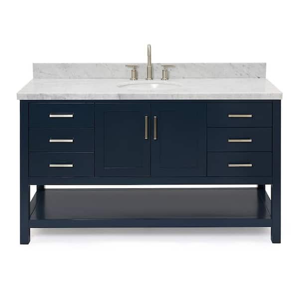 Magnolia 60 in. W x 22 in. D x 36 in. H Bath Vanity in Blue with Carrara Marble Vanity Top in White with White Basin
