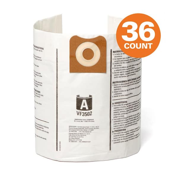 Genuine VF3502D Wet Dry Vac Dry Pick-up Only Dust Bags for Select 12-16 Gallon RIDGID Shop Vacuums, Size A (36-Pack)