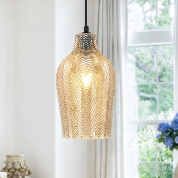 RayHome 6.69 in. 1-Light Modern Amber Adjustable Pendant Light with Striped Globe Glass Shade for Dining Kitchen Island