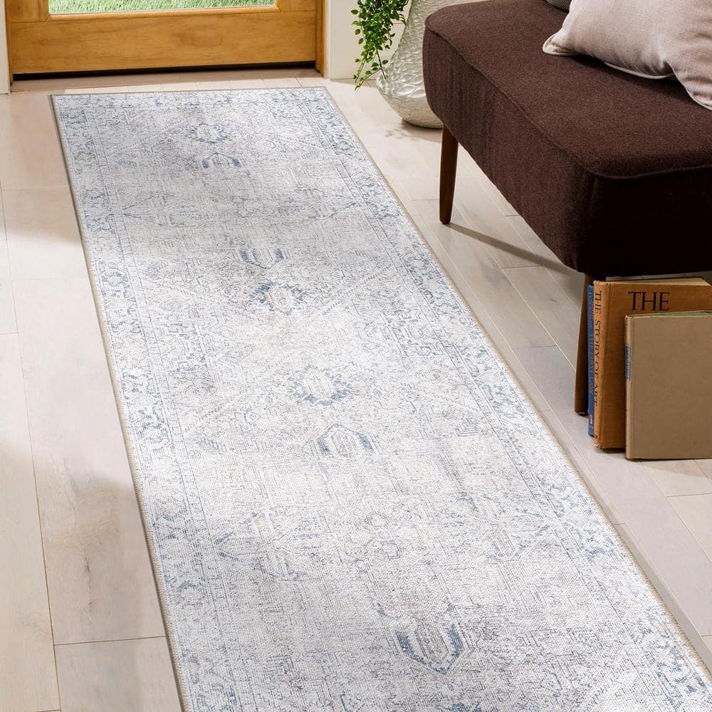 Blue Flat-Woven Medallion Machine-Washable Non-Slip Area Rug