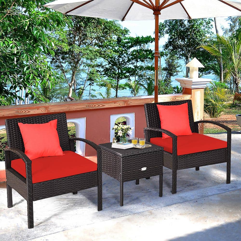 Red Cushioned Black Rattan 2-Person Patio Conversation Set
