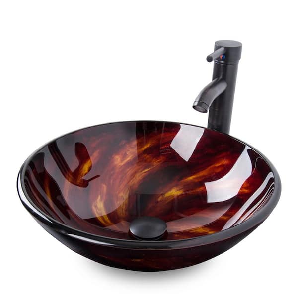 cadeninc Bathroom Artistic Glass Round Vessel Sink with Oil Rubbed Bronze Faucet and Pop-Up Drain Combo
