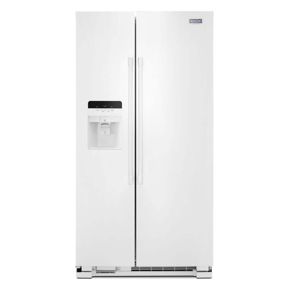 Maytag 25 cu. ft. Side by Side Refrigerator in White with Exterior Ice and Water Dispenser