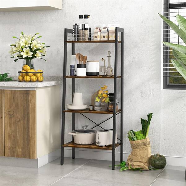 HONEY JOY 54.5 in. 4-Tier Brown Ladder Storage Rack Bookcase