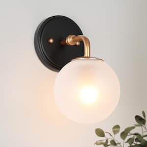 Anteros Modern 5.5 in. 1-Light Vintage Gold Wall Sconce with Matte Black Accents and Frosted Glass Globe Shade