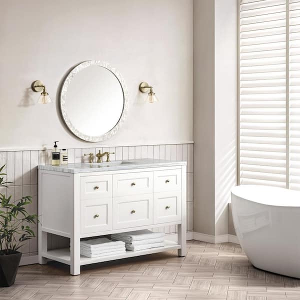 James Martin Vanities Breckenridge 48.0 in. W x 23.5 in. D x 34.2 in. H Bathroom Vanity in Bright White with Arctic Fall Solid Surface Top