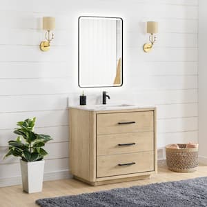 Porto 36 in. W x 22 in. D x 33.8 in. H Single Sink Bath Vanity in Natural Oak with White Quartz St1 Top and Mirror