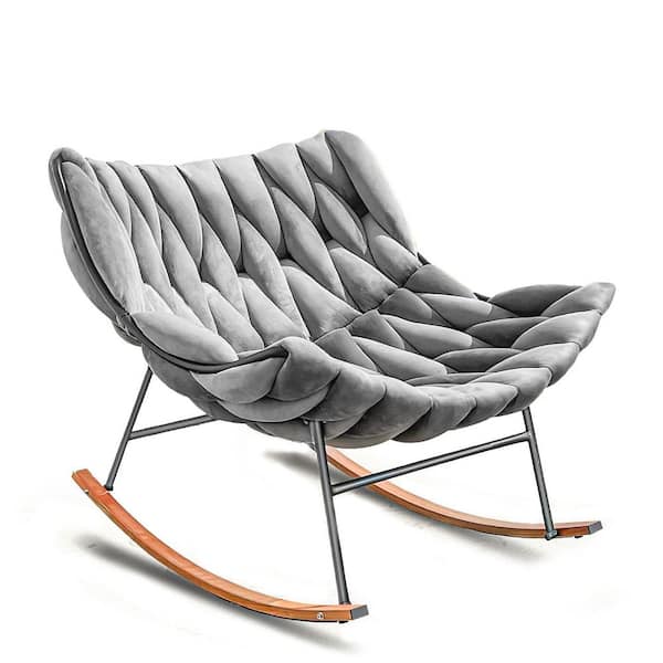 Metal Outdoor Rocking Chair with Gray Velvet Cushion Outdoor Braided Chair, 450 lbs. Capacity